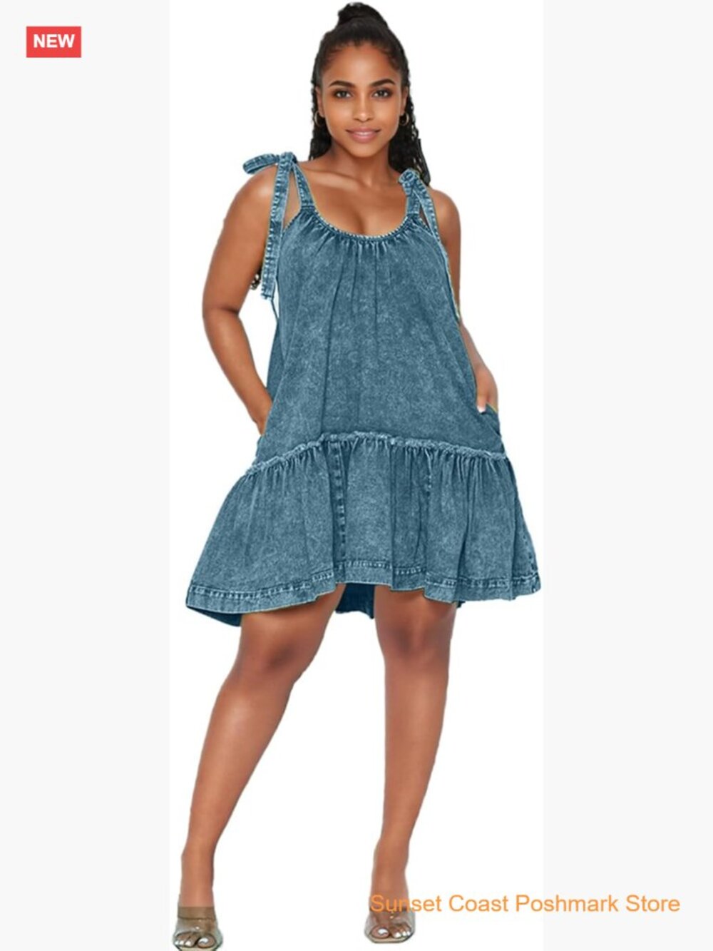 Tie Shoulder Sleeveless Denim Mini Dress Casual Flowy Babydoll